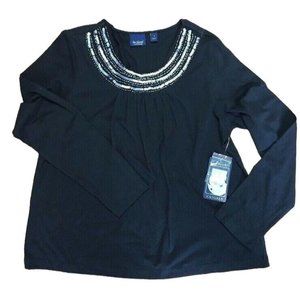 Gloria Vanderbilt Casuals Top Pitch Black Small Shirt with Sequin Collar NEW $36